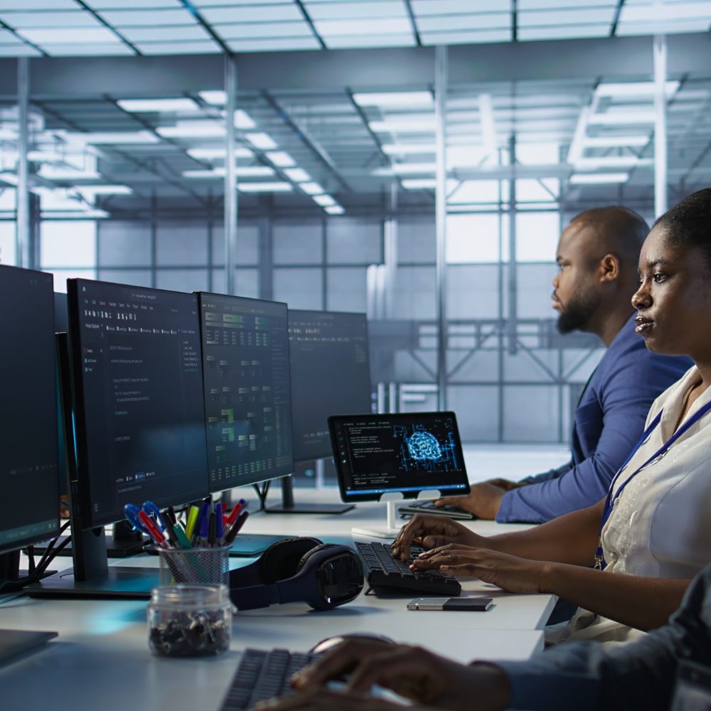 Woman putting headphones on in server room, developing disaster recovery plans ensuring minimal downtime. Engineer listening music in data center, using data analytics to monitor performance, camera A